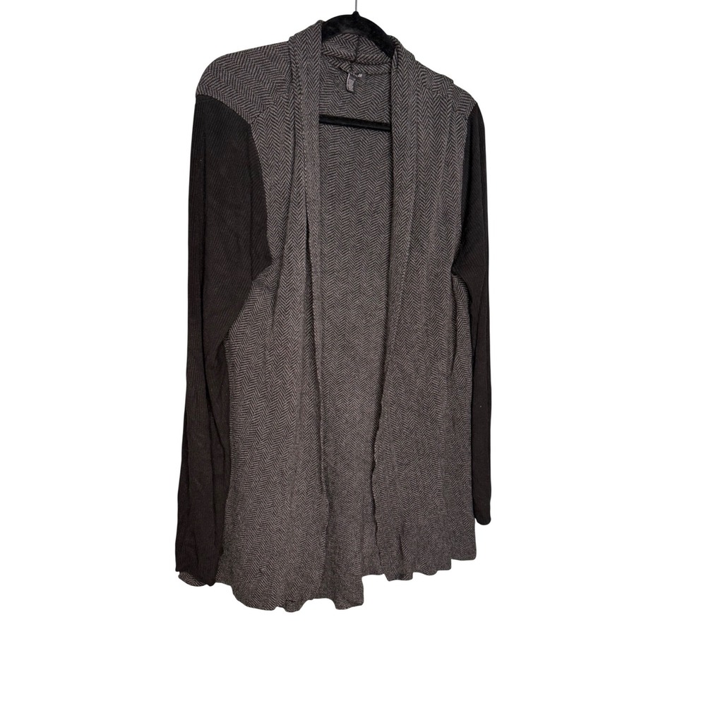 Eileen Fisher open front draped grey and black career wear soft cardigan sweater